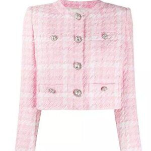 Women's Jewelry Buttons Knitted Tweed Pink Crop Blazer Jacket - pink M/L